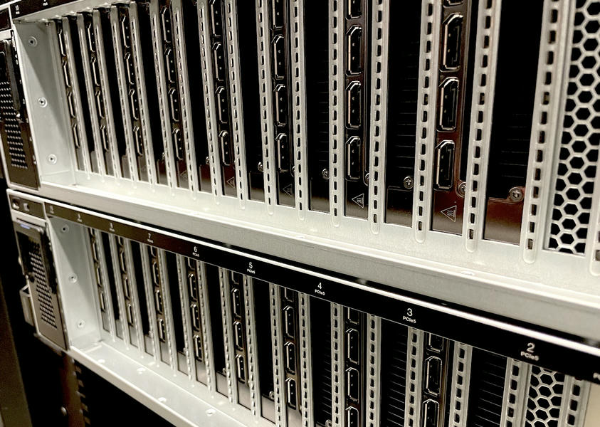 Front of the new GPU nodes. Each node has 8 Nvidia L40S GPUs. Although these are data center GPUs, each GPU has 4 HDMI ports, so you could actually connect a TV to these things!